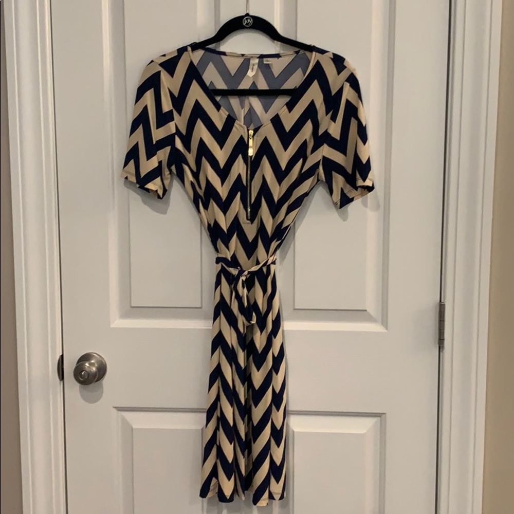 Tie waist navy and tan dress